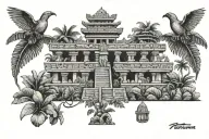 mayan temple in banana tree forest with quetzal bird wings open tattoo design idea