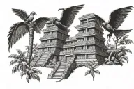 mayan temple in banana tree forest with quetzal bird wings open tattoo design idea