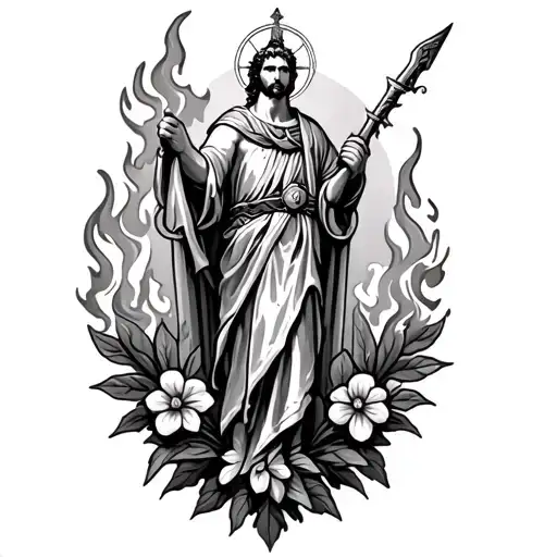 st Florian with fire and flowers tattoo design idea