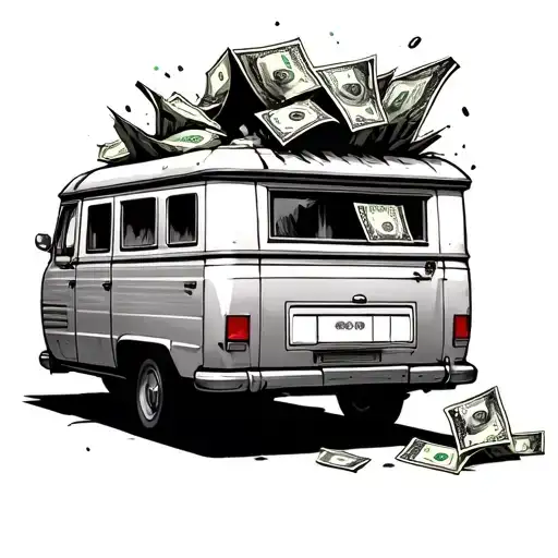  caravan with roof bursting with dollars bill with copenhagen i the back tattoo design idea