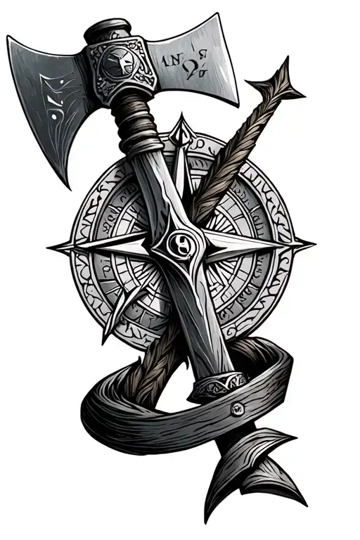 Nordic sleave tattoo with a viking axe and a Nordic compass in a hand drawn style tattoo design idea