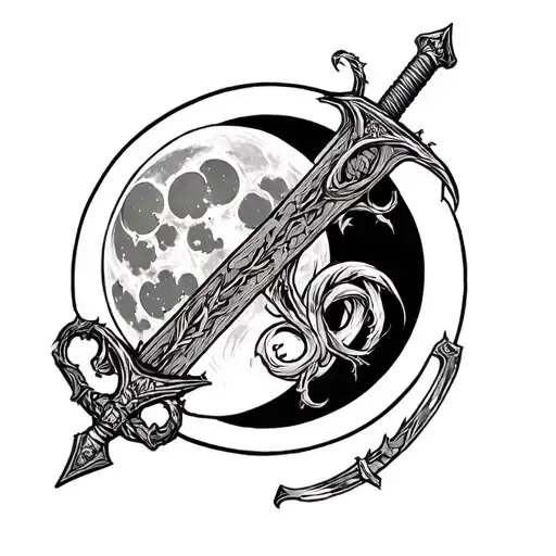 Symbolic lilith of a Monster Moon and a sword intertwined tattoo design idea
