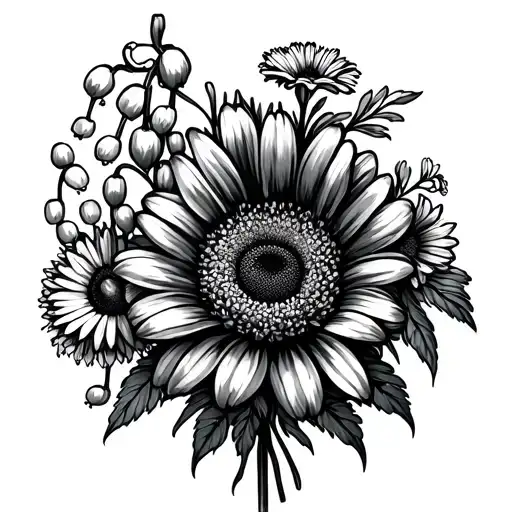 line art boquet with daisy chrysanthemum lily of the valley aster carnation and marigold tattoo design idea