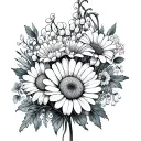 line art boquet with daisy chrysanthemum lily of the valley aster carnation and marigold tattoo design idea