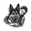 Beautiful long eye-lashed long haired Mexican girl hugging German Shepard with eyes closed and sad tattoo design idea