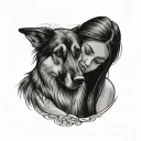 Beautiful long eye-lashed long haired Mexican girl hugging German Shepard with eyes closed and sad tattoo design idea