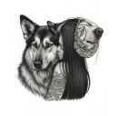 Beautiful long eye-lashed long haired Mexican girl hugging German Shepard with eyes closed and sad tattoo design idea