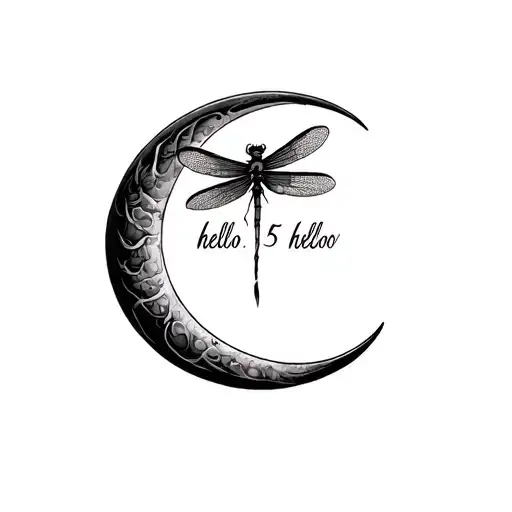 dragon fly inside crescent moon with say5"hello darkness my old friend  tattoo design idea