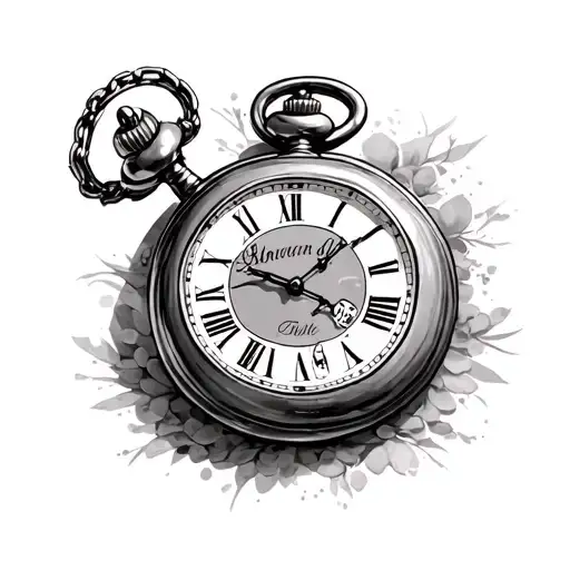pocket watch with childs name and date tattoo design idea
