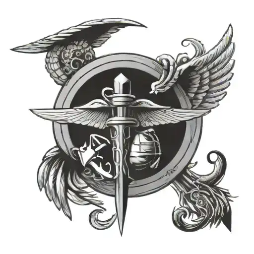 us marines + christian cross with angel wings tattoo design idea