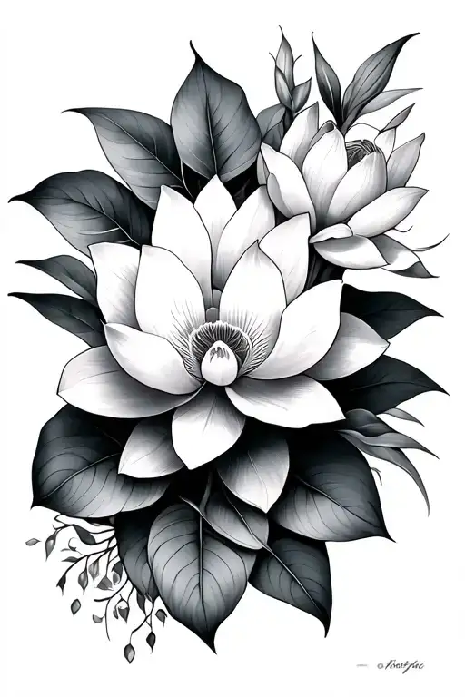 Dove orchid and lotus tattoo design idea