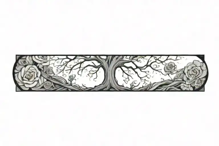 A ruined old wall, roses, tree roots, souls tattoo design idea