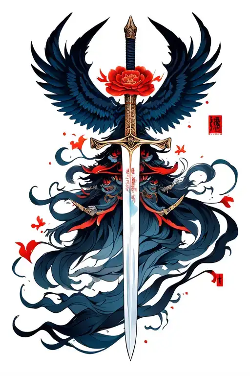 long sword and dark wings tattoo design idea
