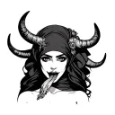 Dying Indian lady wearing a hijab black demon eyes , seductive long wavy tongue, big satanic horns tattoo design idea