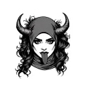 Dying Indian lady wearing a hijab black demon eyes , seductive long wavy tongue, big satanic horns tattoo design idea