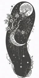 A mystical forest scene with a crescent moon and stars intertwined with vines and flowers tattoo design idea