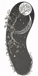 A mystical forest scene with a crescent moon and stars intertwined with vines and flowers tattoo design idea