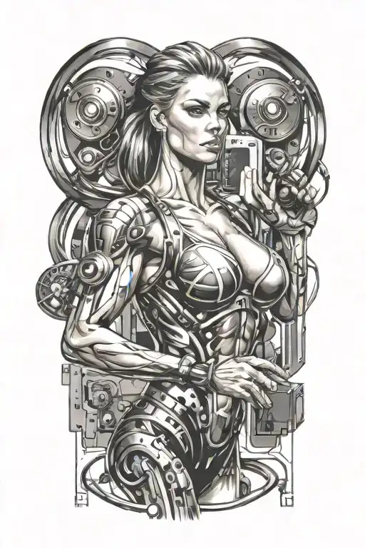 bodybuilder muscular women with technology circuits merging tattoo design idea