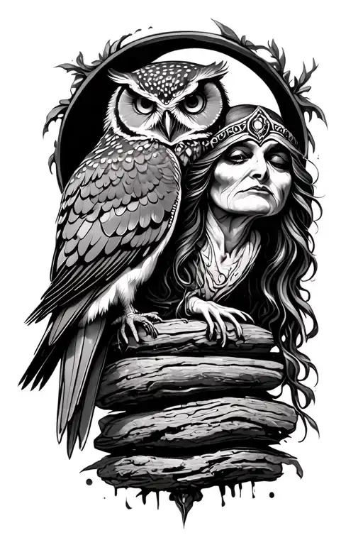 crone with owl perched atop a stack tattoo design idea