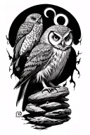 crone with owl perched atop a stack tattoo design idea