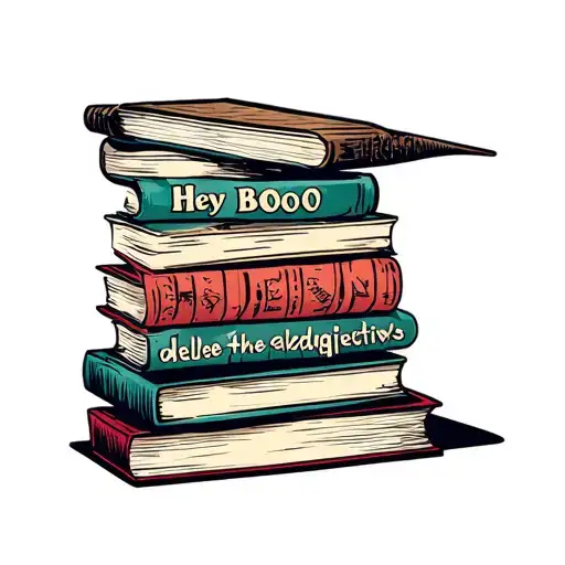 to kill a mocking bird inspired stack of 5 books stacked include words 'Hey Boo' and ' delete the adjectives' tattoo design idea