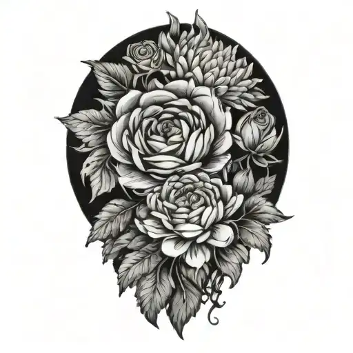 roses chrysanthemums flowers surrounding a sunflower tattoo design idea