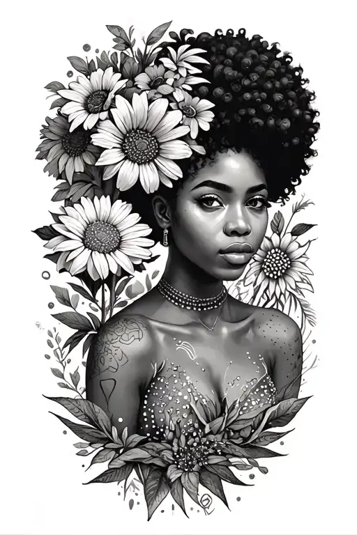 Afrocentric black women holding the September birth flower, with the astrology zodiac Virgo symbol tattoo design idea