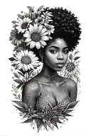 Afrocentric black women holding the September birth flower, with the astrology zodiac Virgo symbol tattoo design idea