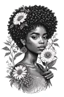 Afrocentric black women holding the September birth flower, with the astrology zodiac Virgo symbol tattoo design idea