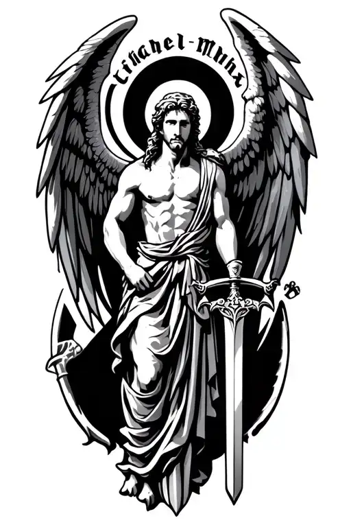 "732" "732" st. michael with wings and sword tattoo design idea