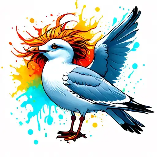 seagull with splash of color and messy looking hair tattoo design idea