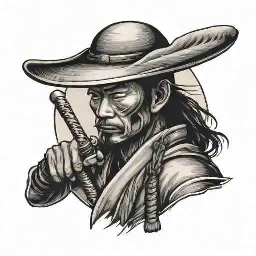 samurai sword, vietnamese hat holding tattoo design idea