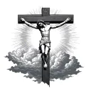 sun shining through clouds into sillouhette of Jesus on the cross tattoo design idea