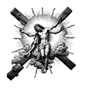 sun shining through clouds into sillouhette of Jesus on the cross tattoo design idea
