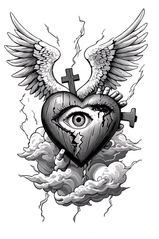 angle holding a broken heart, with a wooden cross and a eye in it, and surrounded storm clouds  tattoo design idea