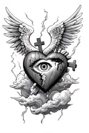 angle holding a broken heart, with a wooden cross and a eye in it, and surrounded storm clouds  tattoo design idea