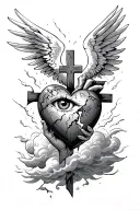 angle holding a broken heart, with a wooden cross and a eye in it, and surrounded storm clouds  tattoo design idea