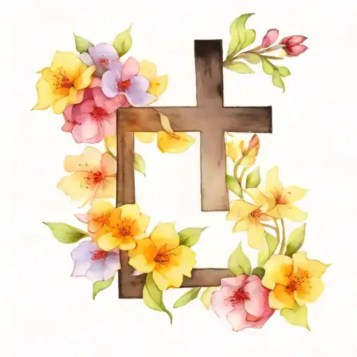 simple black cross with birth flowers of May and September in color tattoo design idea