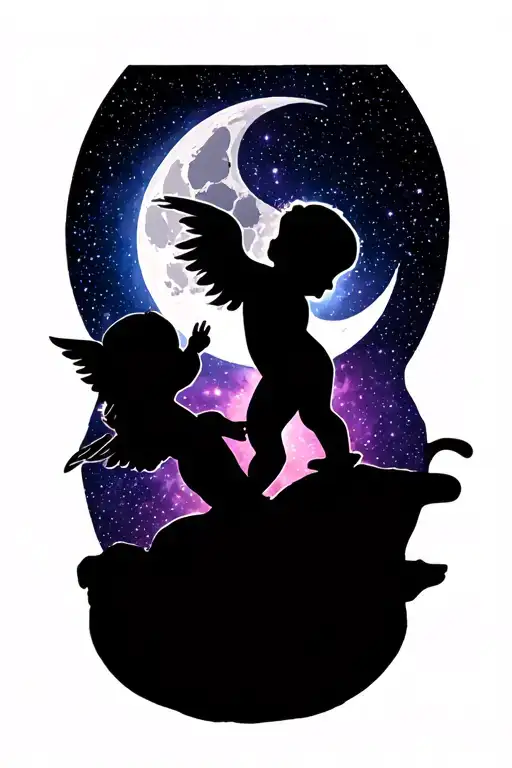 waxing gibbous moon with tiny cherub baby silhouette in the galaxy tattoo design idea