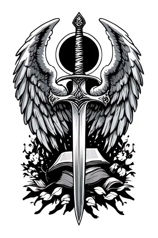 sword, Bible, angel wings tattoo design idea