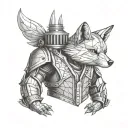 anthropomorphic fox in a suit of armour. include appealing extra details. black and grey tattoo. tattoo design idea