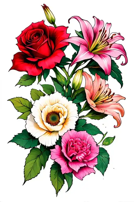 red pink and white roses , purple daylily, pink carnation, sunflower tattoo design idea