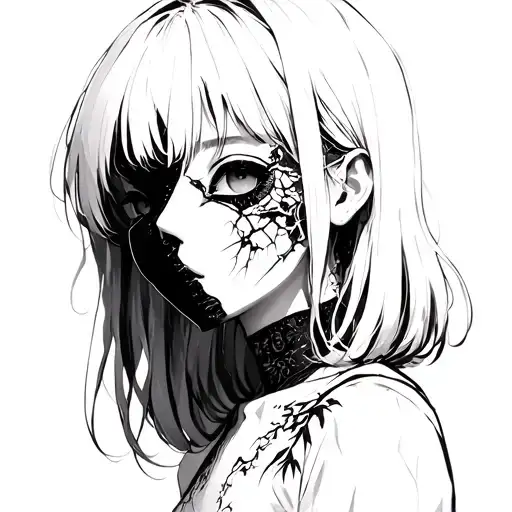 A anime girl with a broken porcelain mask side profile tattoo design idea