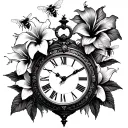 clock with roman numerals with bees around it and lilly and hibiscus flowers around it as well tattoo design idea