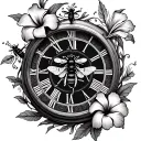 clock with roman numerals with bees around it and lilly and hibiscus flowers around it as well tattoo design idea