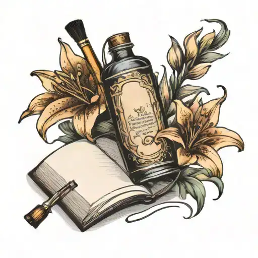 book with turning page paint brush alcohol bottle and lilies  tattoo design idea