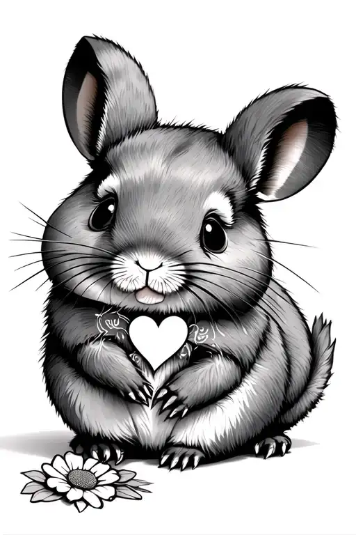 Sad Plush chinchilla tattoo with patches, stitching, lightly puckered, with broken heart and flower in paw tattoo design idea