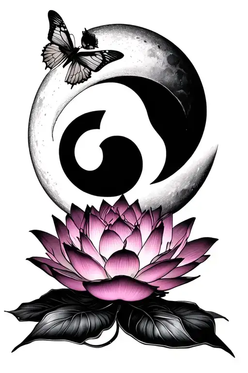 lotus flower under a moon and a semicolon butterfly flying around tattoo design idea