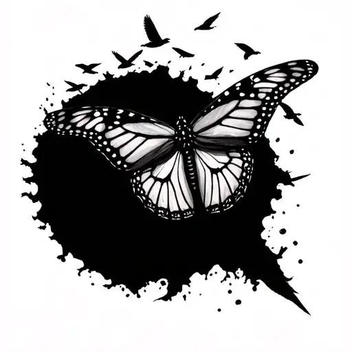 Monarch butterfly dissolving into a flock of birds tattoo design idea