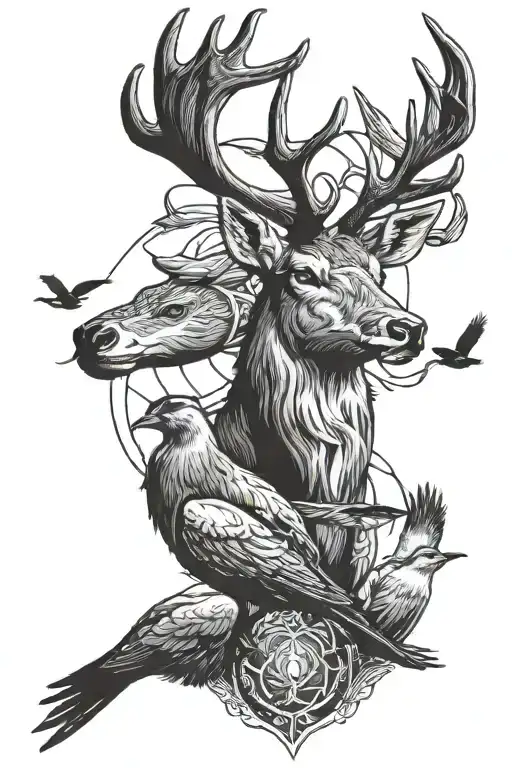 red deer head with ducks flying   tattoo design idea